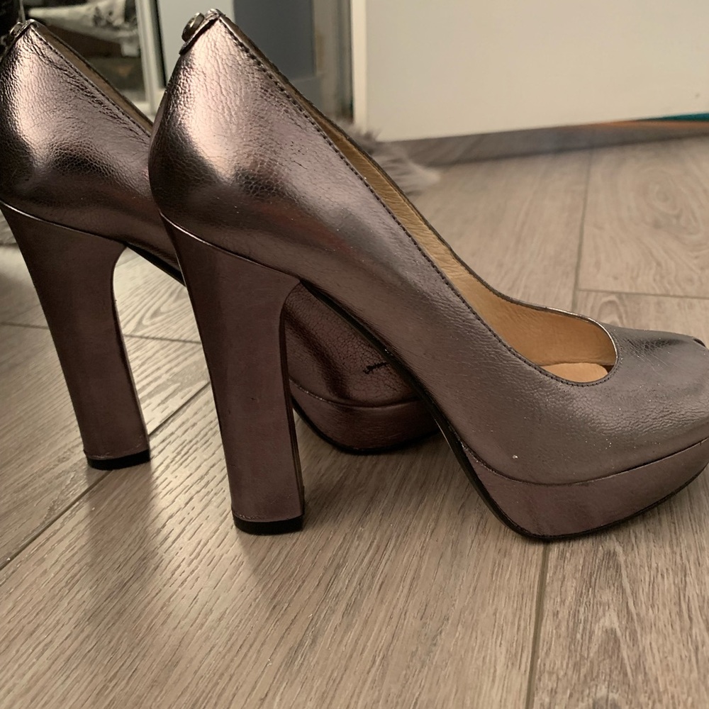 MK all leather silver peep toe high heel platform pumps 6.5 US